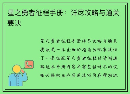 星之勇者征程手册：详尽攻略与通关要诀