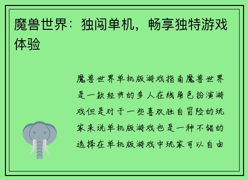 魔兽世界：独闯单机，畅享独特游戏体验