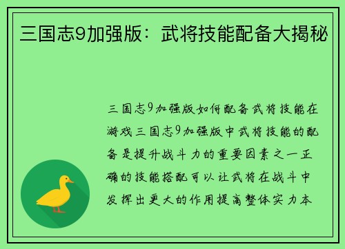 三国志9加强版：武将技能配备大揭秘